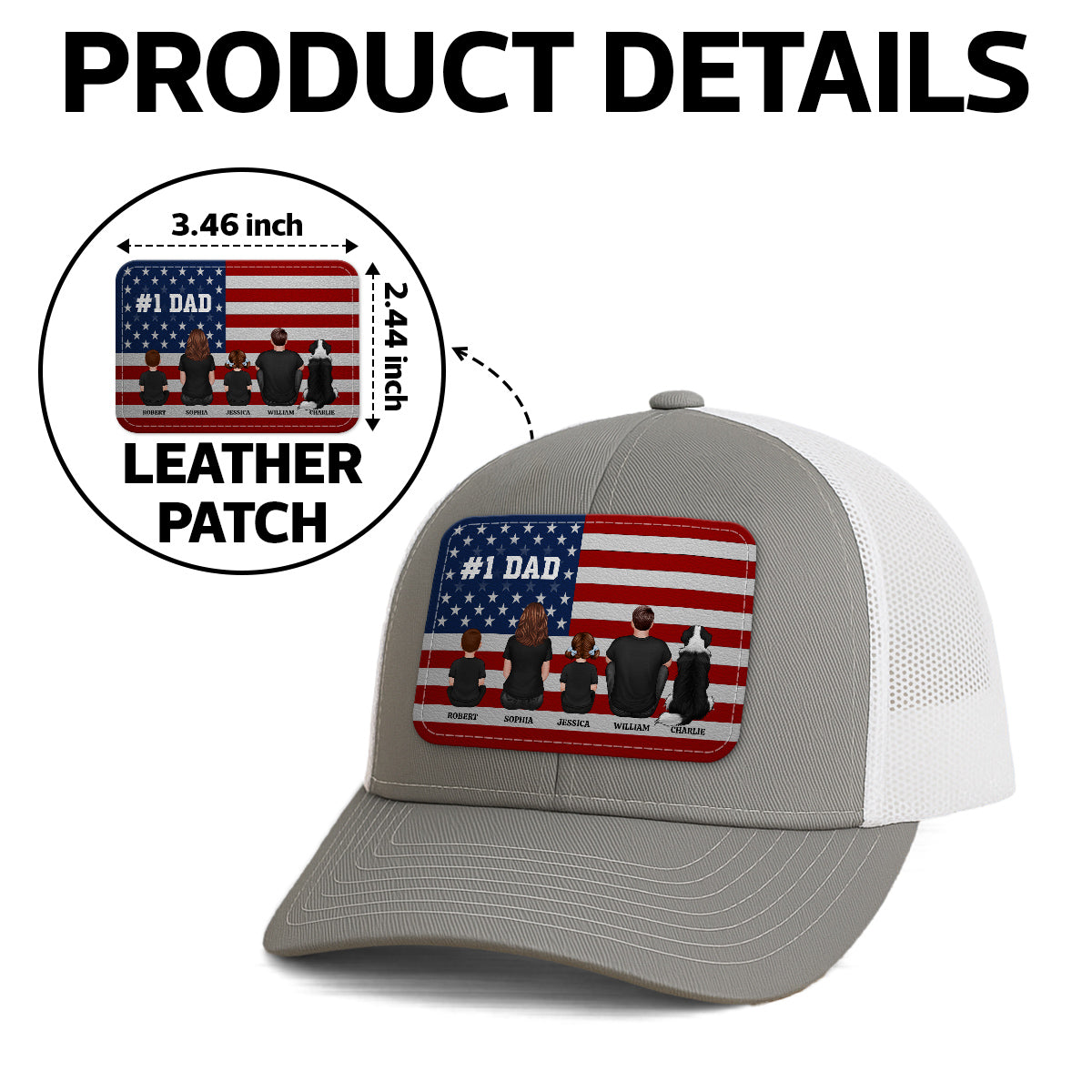 Nation Flag Dad And Kids Sitting Personalized Leather Patch Hat, Gift For Dad