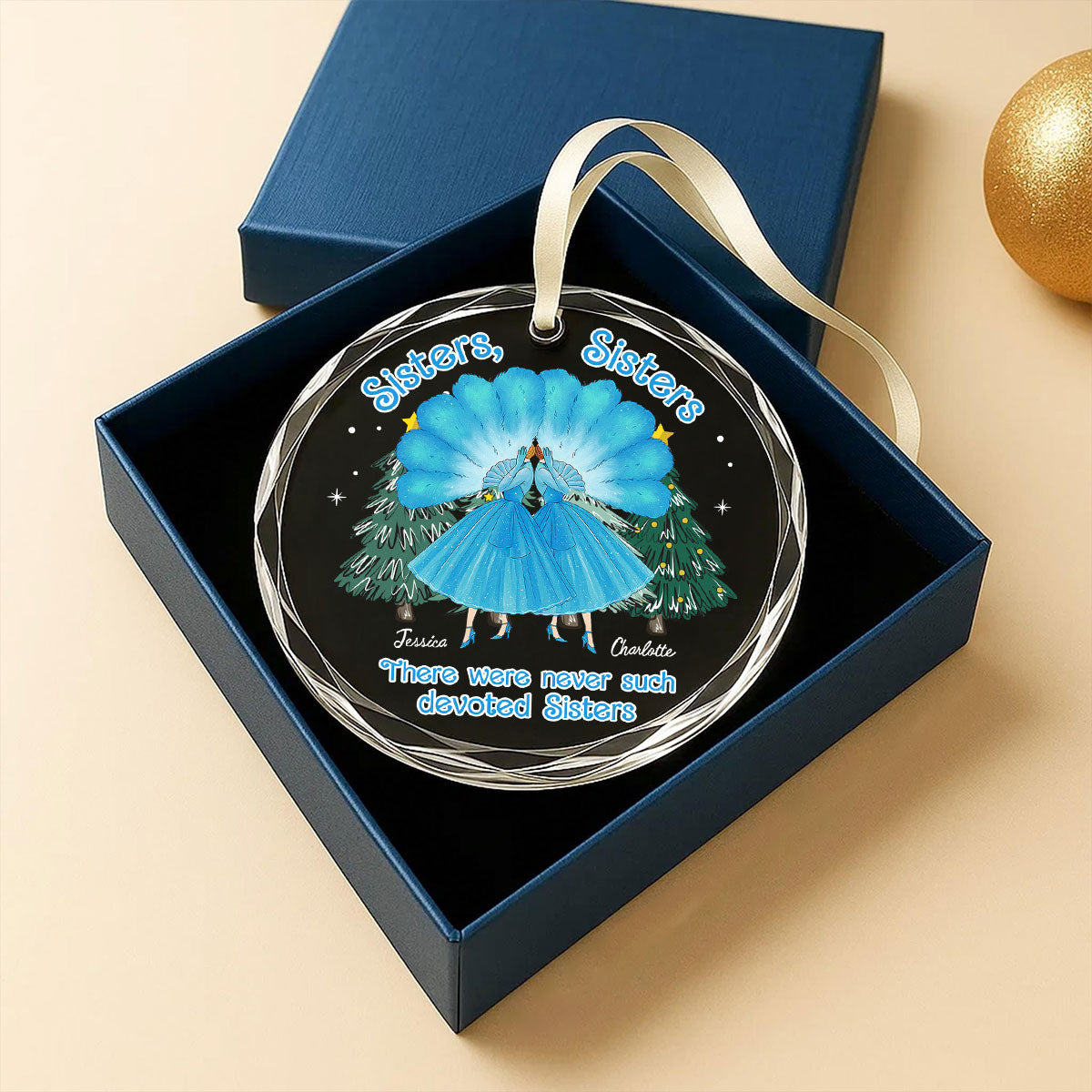Sisters Sisters Besties in Blue Dresses Personalized Glass Ornament