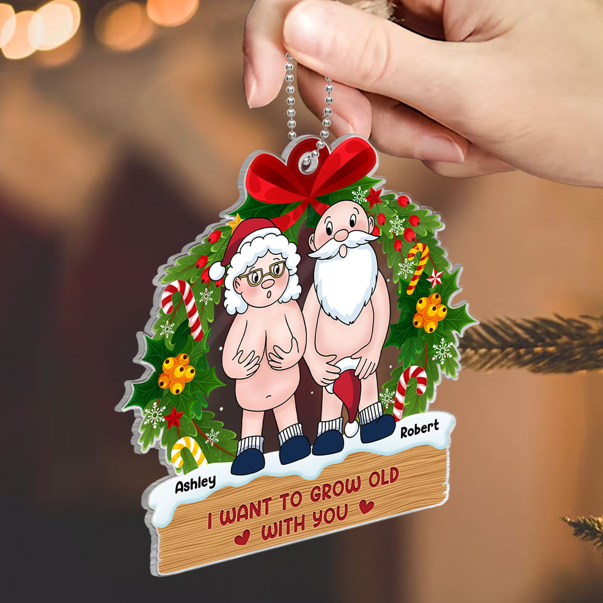Funny Old Couple Christmas Wreath Personalized Acrylic Ornament