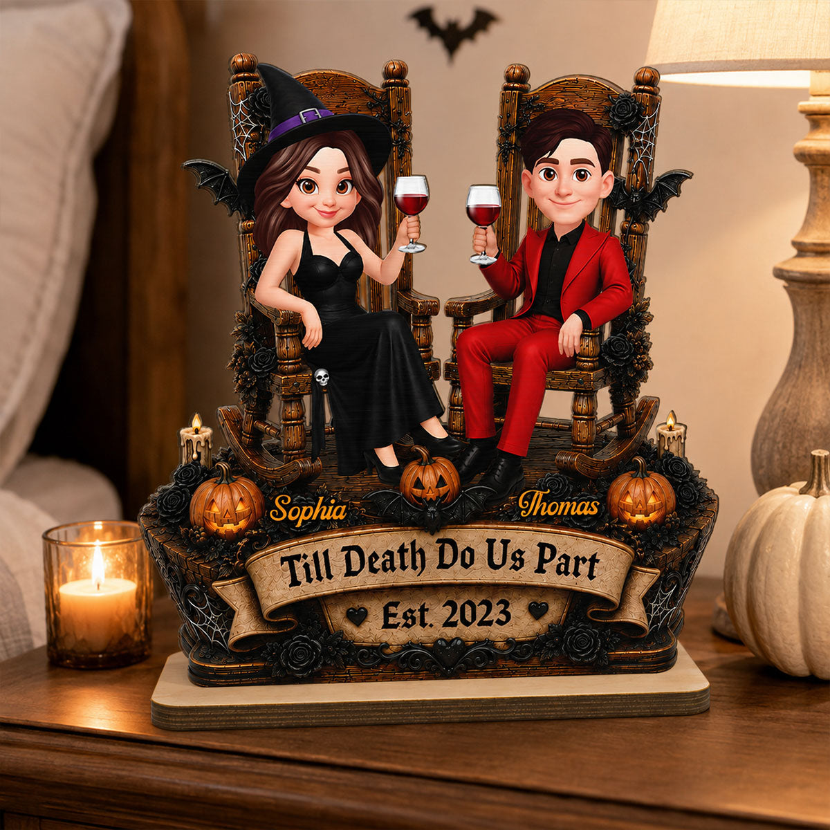 Trending Halloween Couple Sitting - Personalized 2-Layered Wooden Plaque - Halloween Decoration For Couple
