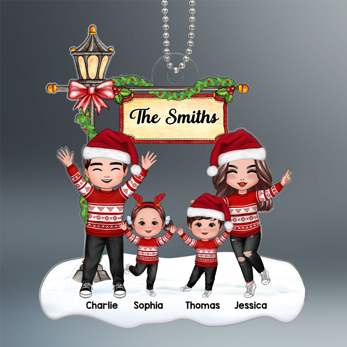 Happy Doll Family Dad Mom Under Lamp Post Christmas Personalized Acrylic Ornament