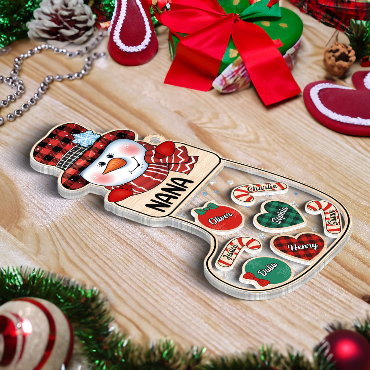 Grandma Snowman Kids In Christmas Socks Personalized Shaker Ornament