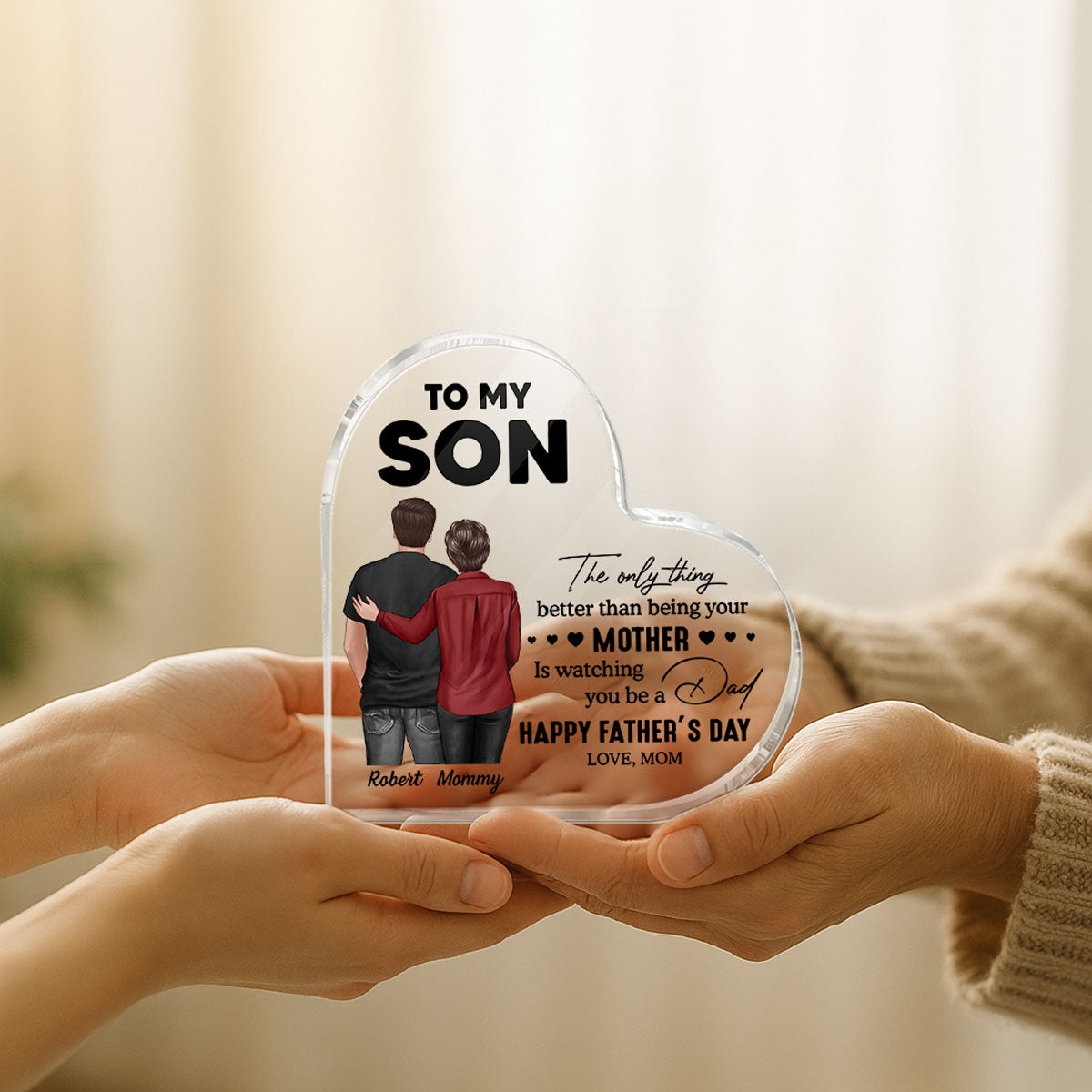 From Mom To Son Happy Father's Day Personalized Heart Acrylic Block Plaque, Heartfelt Father's Day Gift For Son