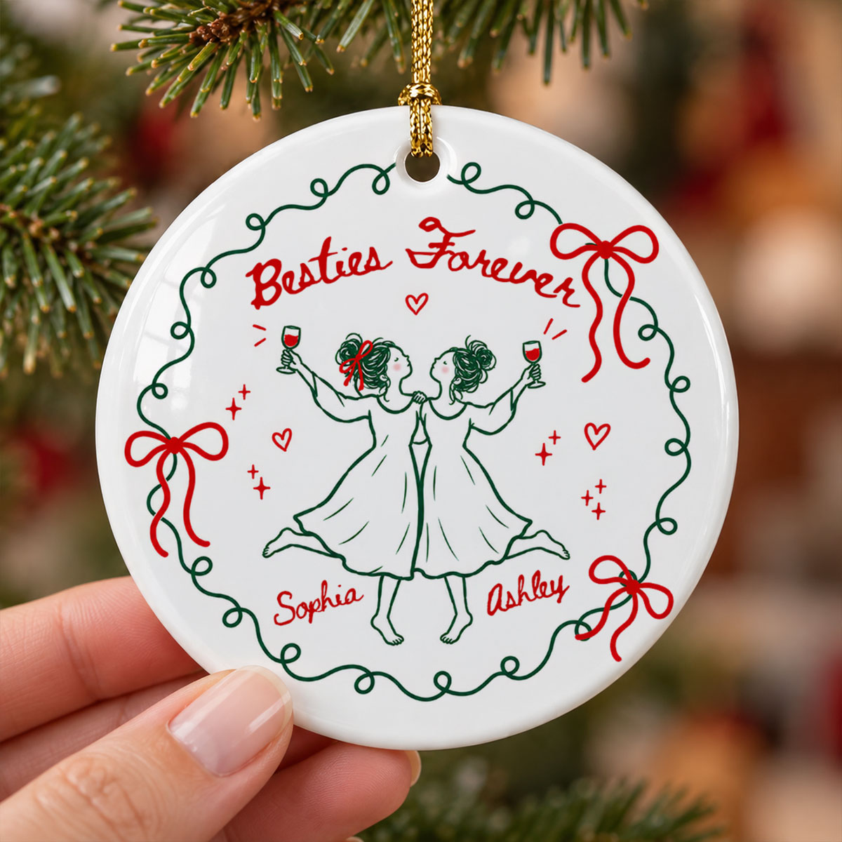 Besties Forever Celebration 2D Flat - Personalized Ceramic Ornament - Christmas Gift For Best Friends, Besties