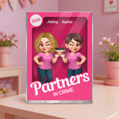 Besties Forever Pink Action Figure 3D Effect Personalized Acrylic Block, Meaningful Gift For Best Friend