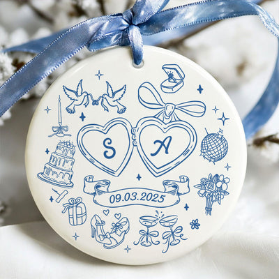 Couple Initials Locket Coquette Doodle Personalized Ceramic Ornament, First Christmas Gift, Married, Engagement Gift for Couples