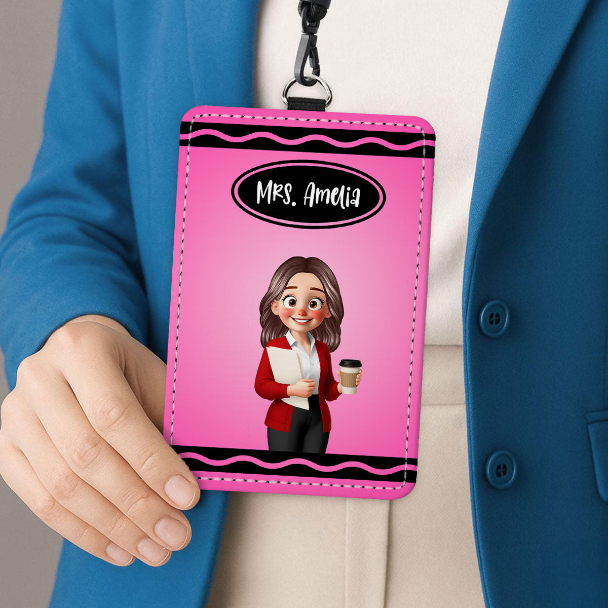 Crayon Themed Cartoon Teacher Personalized ID Badge Holder, Back To School Gift