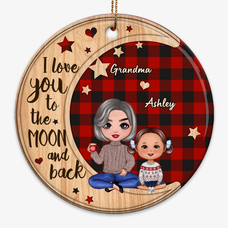 Checkered Pattern Doll Grandma & Grandkid On Moon Personalized Circle Ornament