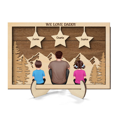 Dad Man Kids Dogs Cats Sitting Back View Forest Stars Personalized 2-Layer Wooden Plaque