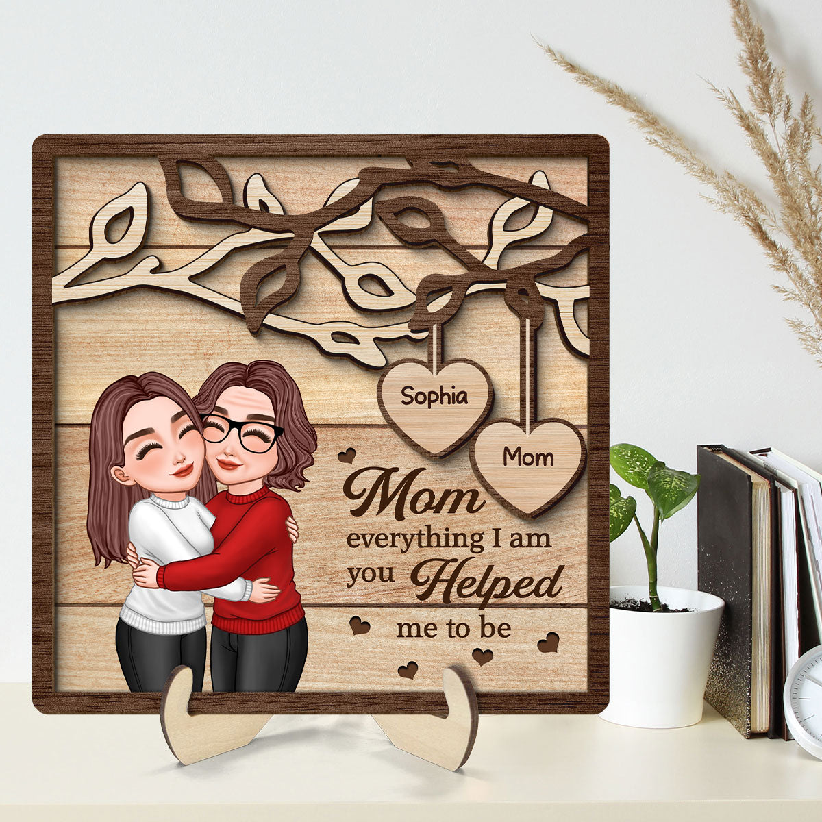 Mom Hugging Daughter Son Under Tree Mother‘s Day Gift For Mom Personalized 2-Layer Wooden Plaque