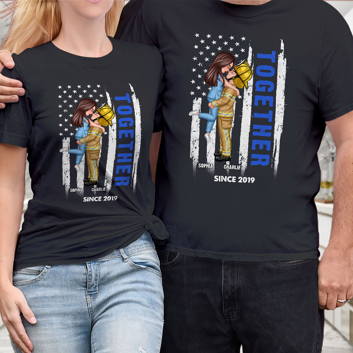 Hero Couple Together Since Flag Gifts by Occupation Gift For Her Gift For Him Firefighter, Nurse, Police Officer Personalized Matching Shirts