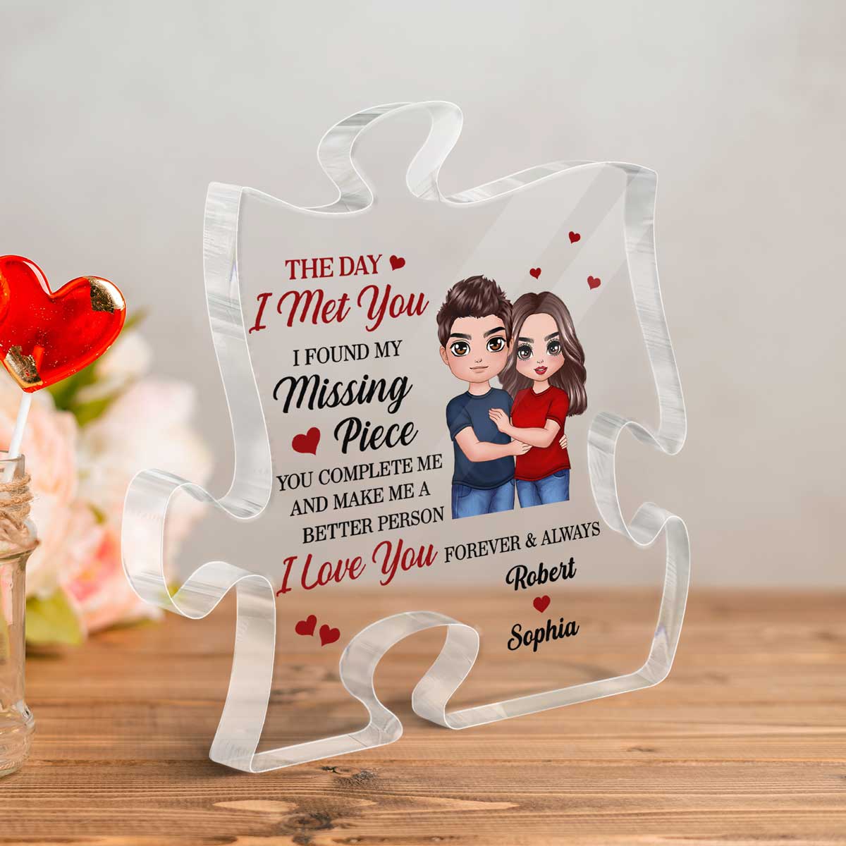 Standing Embracing Doll Couple Found My Missing Piece Anniversary Gift For Him For Her Personalized Puzzle Acrylic Plaque