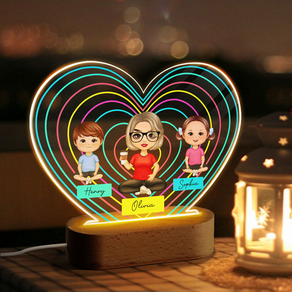 Hearts Outline Doll Grandma Mom And Grandkids Sitting Personalized Heart Acrylic Plaque LED Night Light