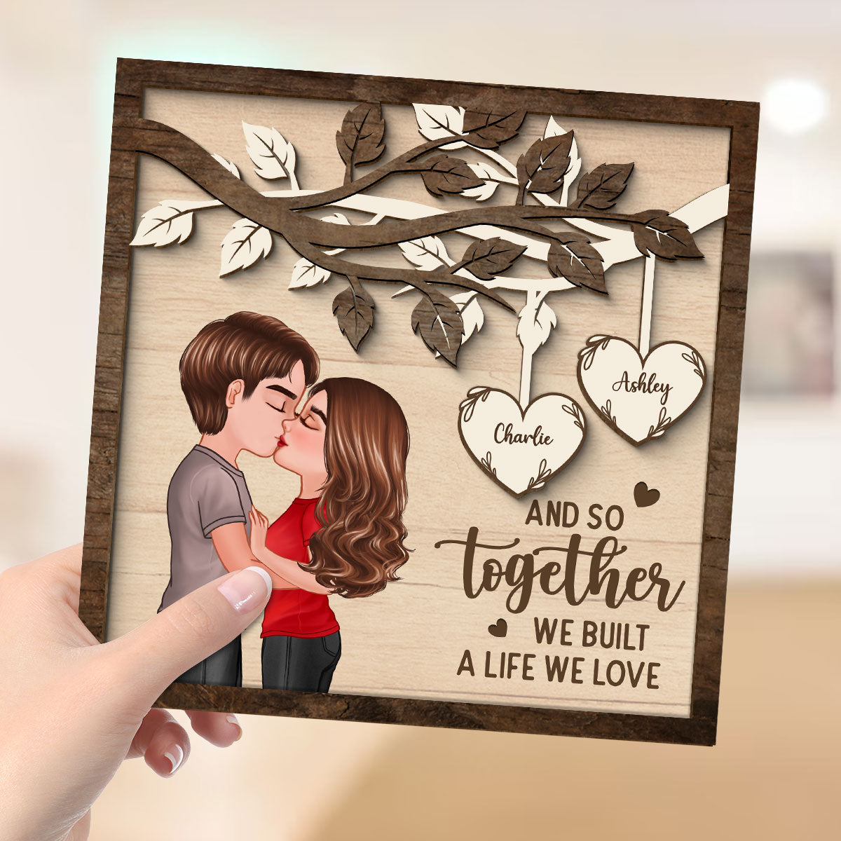 Couple Kissing Under Tree Valentine‘s Day Gift For Him For Her Personalized 2-Layer Wooden Plaque