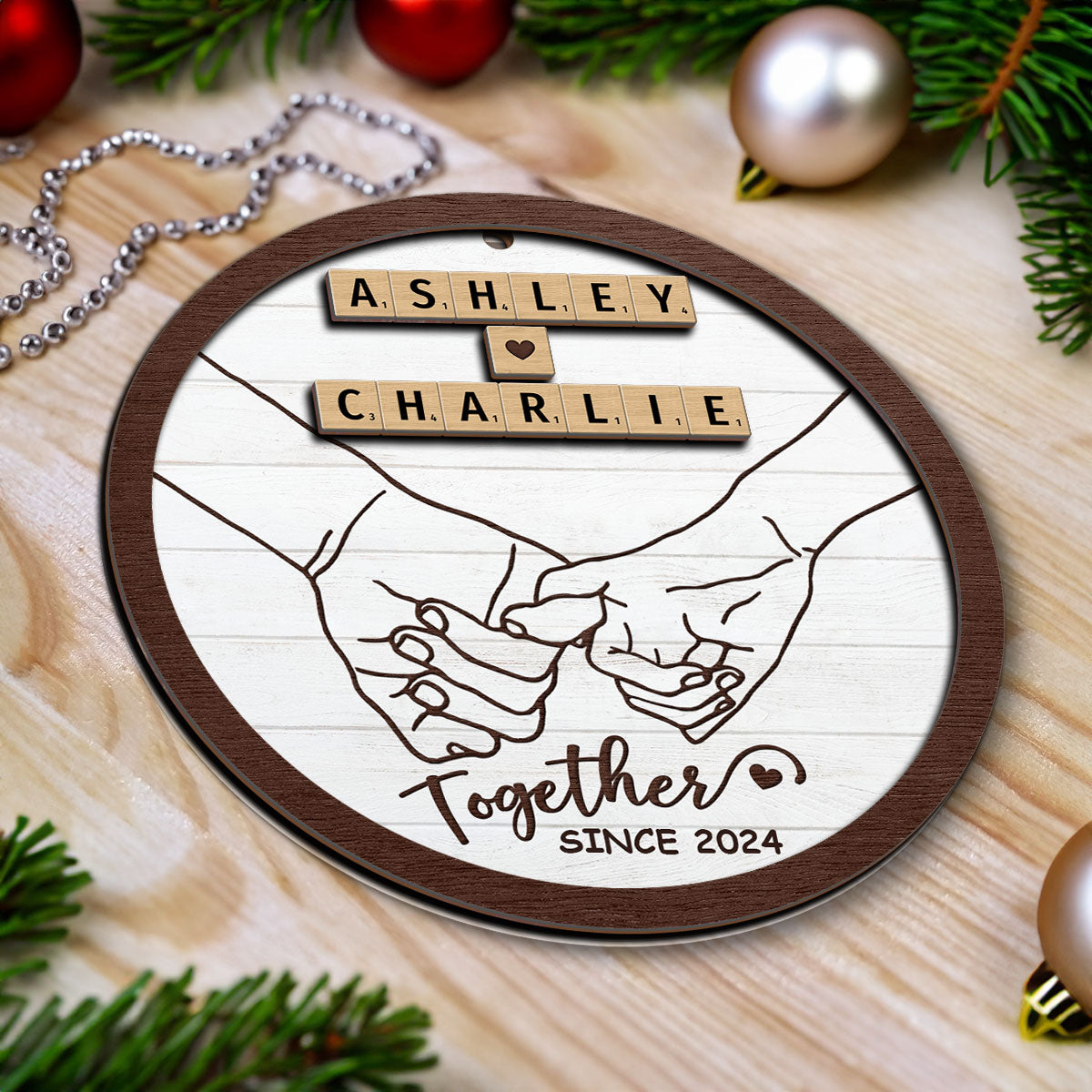 Hand In Hand Couple Wooden Blocks Christmas Personalized 2-Layer Wooden Ornament, Christmas Gift For Him, For Her