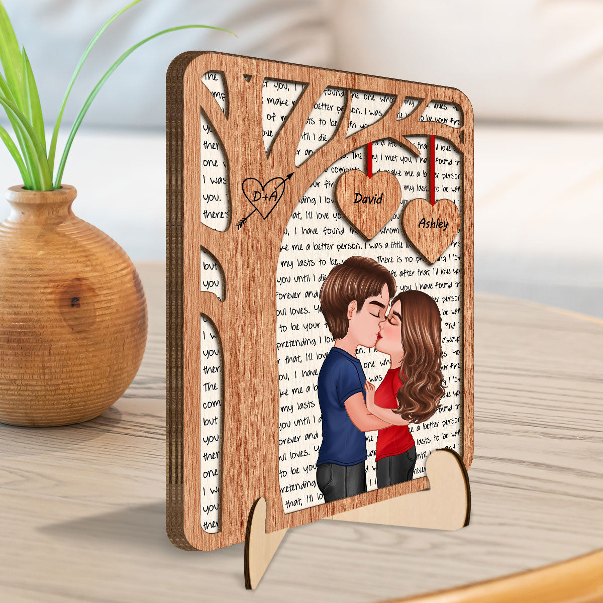 Couple Kissing Under Tree Love  Gift For Him For Her Personalized 2-Layer Wooden Plaque