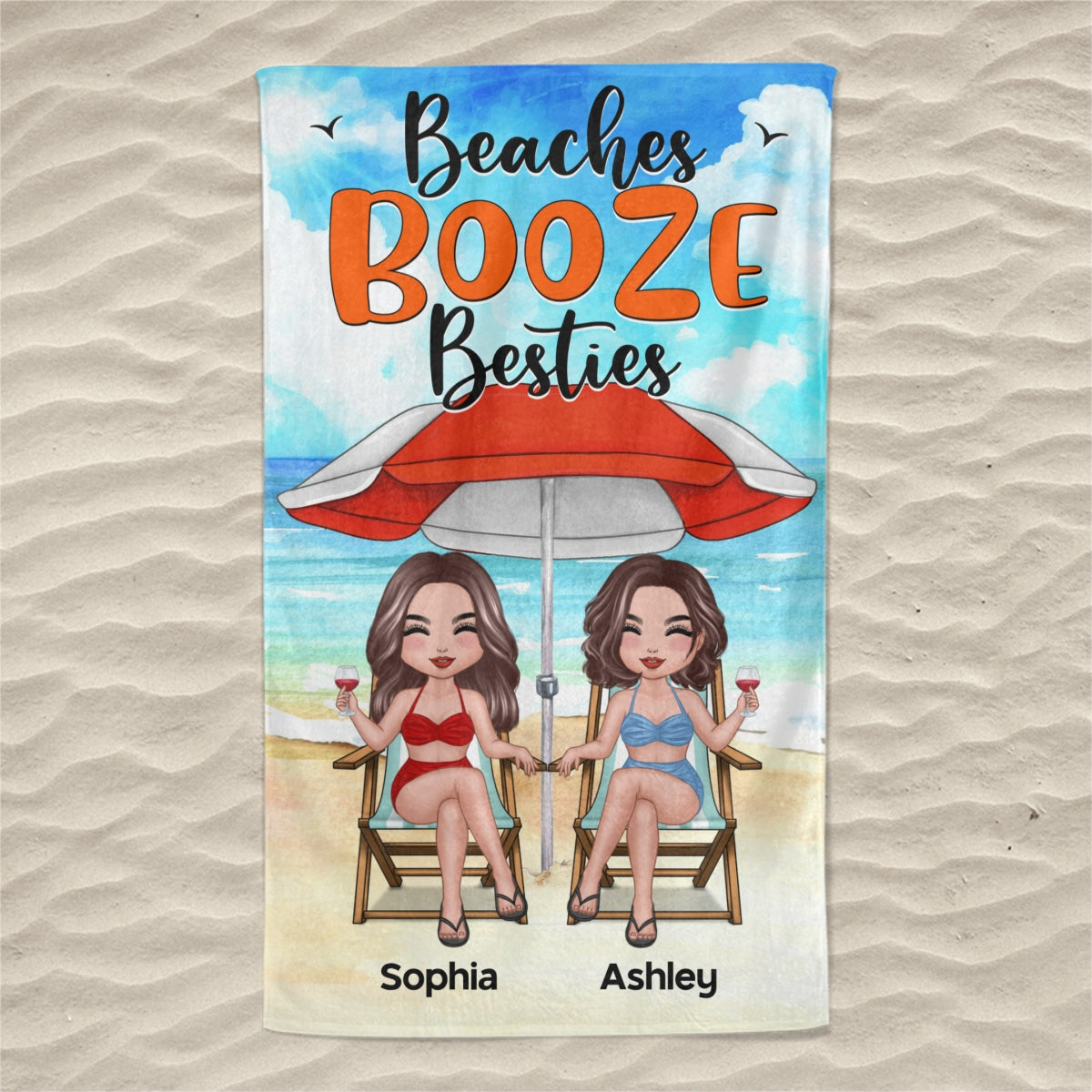 Doll Besties Sisters Under Umbrella Personalized Beach Towel