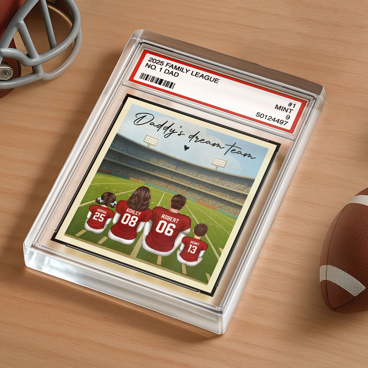 American Football Daddy's Dream Team No. 1 Dad Man & Kids Sitting Trading Card Style - Personalized Acrylic Block Plaque
