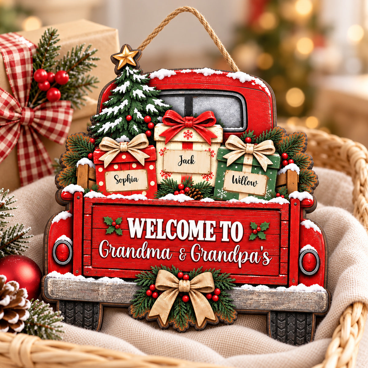 Welcome To Grandma Grandpa's House Christmas Truck 2D Flat Printed - Personalized Wood Sign - Christmas Decor For Grandparents