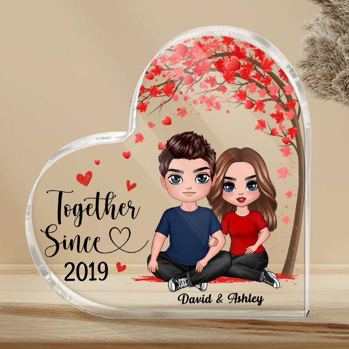 Doll Embracing Couple Under Red Tree  Anniversary Gift For Him For Her Personalized Heart Plaque