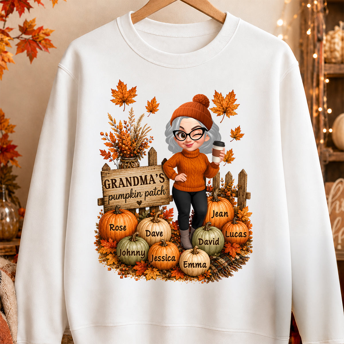 Hello Fall Grandma's Pumpkin Patch - Personalized Shirt - Trendy Fall Tee for Grandma