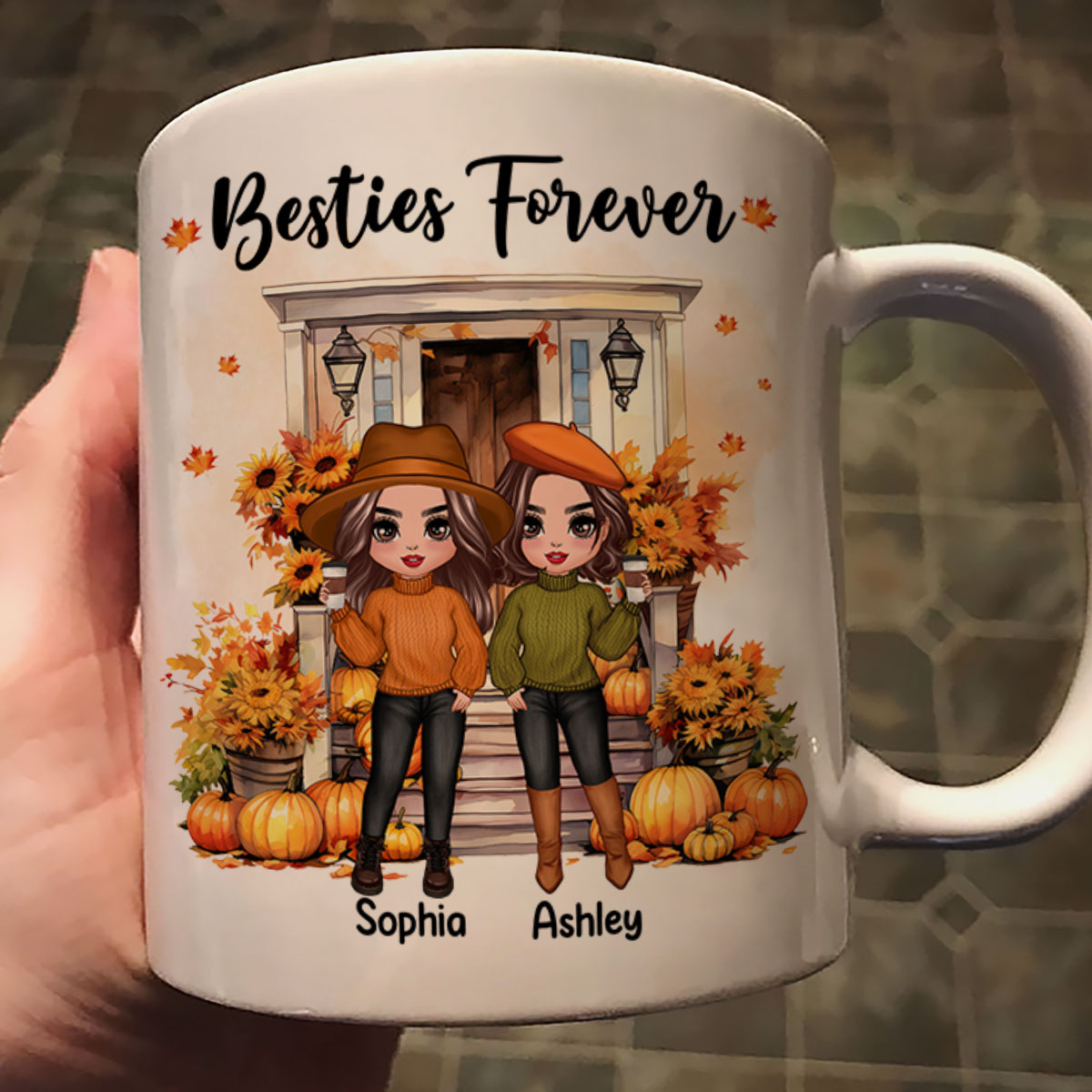 Fall Season Besties Sister Standing Front Door Personlized Mug