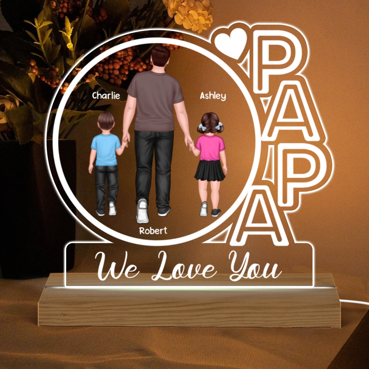 Papa We Love You Back View Walking Man & Kids Personalized Custom Shape Acrylic Plaque With Warm LED Night Light