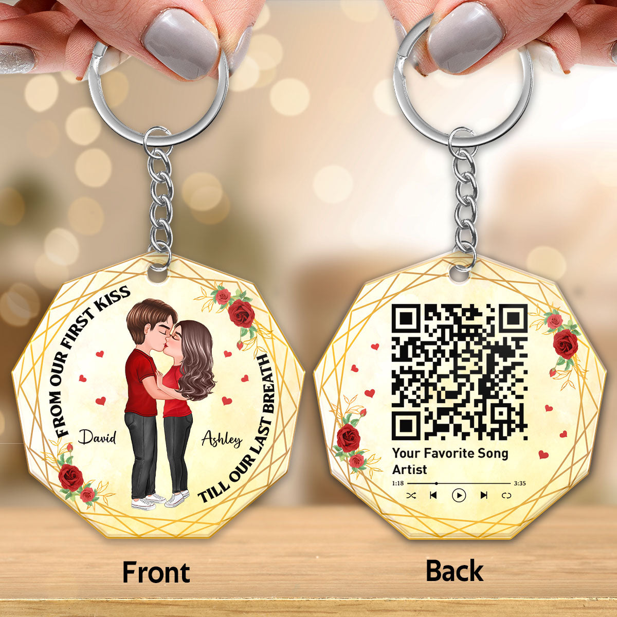 Doll Couple Kissing Favorite Song Scannable QR Code Personalized Nonagon Acrylic Keychain