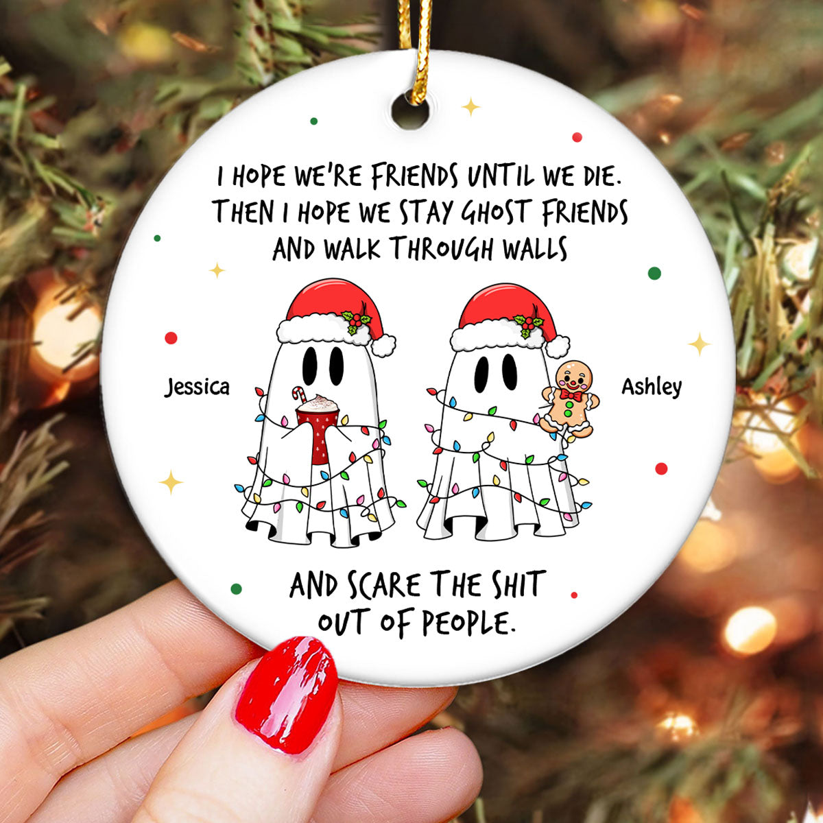 Ghost Friends Funny Christmas Gift Personalized Circle Ceramic Ornament, Christmas Gift for Best Friends, Besties, Coworkers