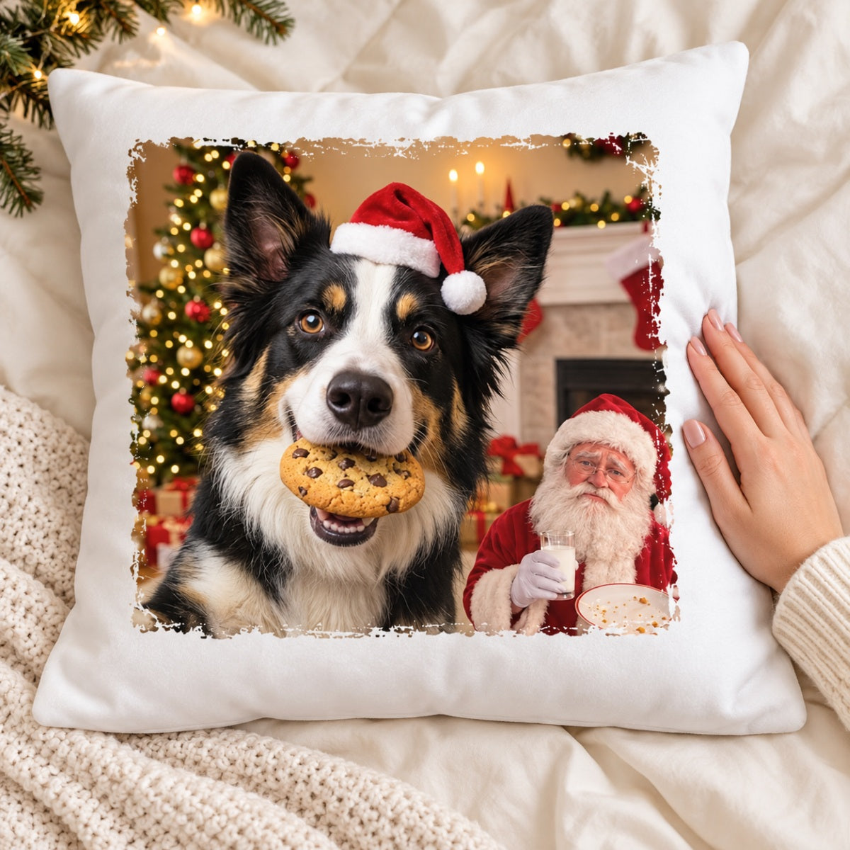 Dog Cat Steal Cookie From Santa Upload Pet Photo - Personalized Pillow- Funny Christmas Gift For Dog Lovers, Cat Lovers, Pet Lovers