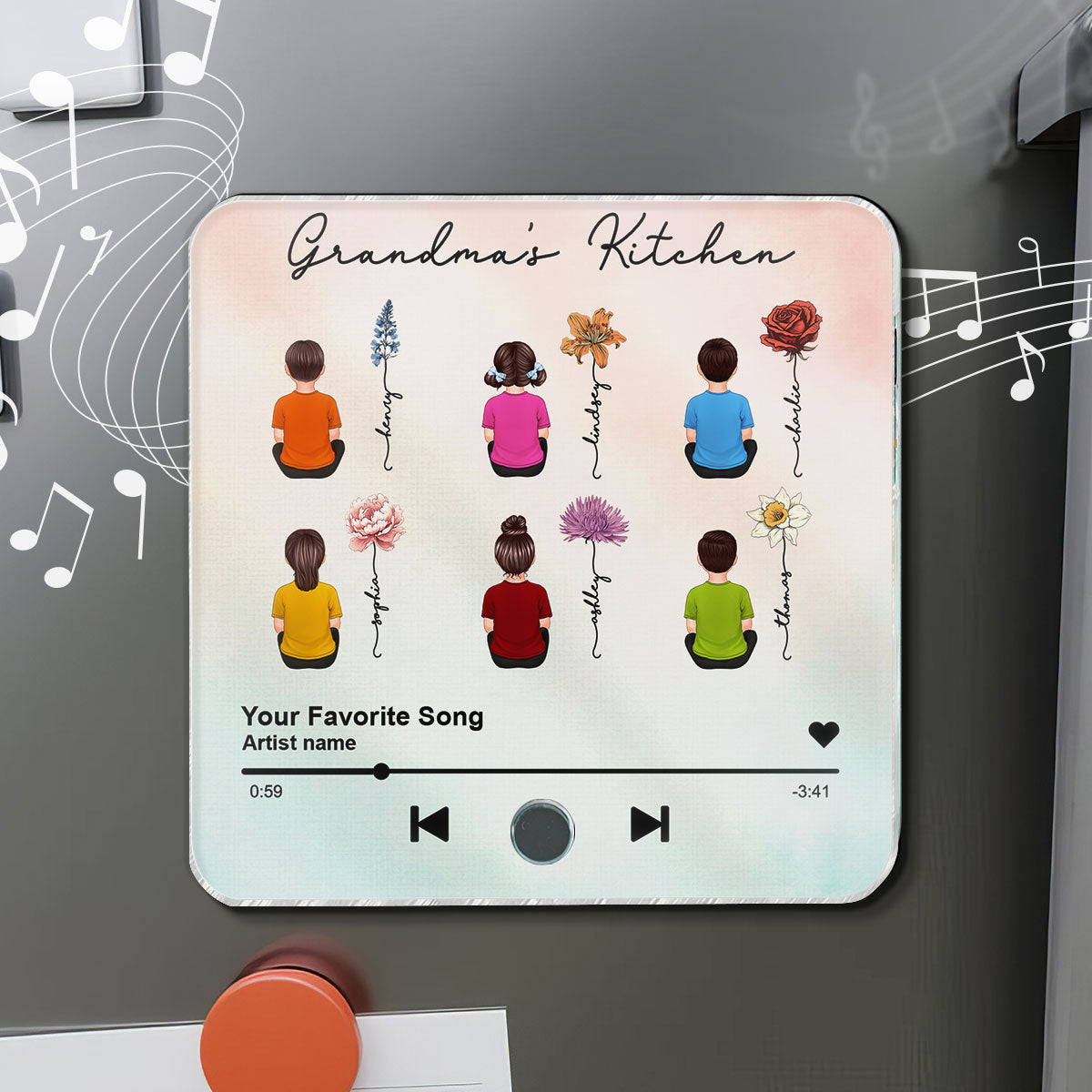 Grandma's Kitchen Grandkids Sitting, Birth Month Flower Personalized Music Fridge Magnet, Heartfelt Gift, Birthday Gift for Grandma