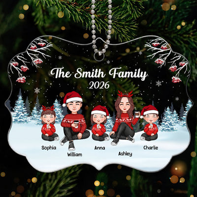 Christmas Berry Tree Cute Family Dad Mom Kids Dogs Cats Sitting In Snow Personalized Acrylic Ornament