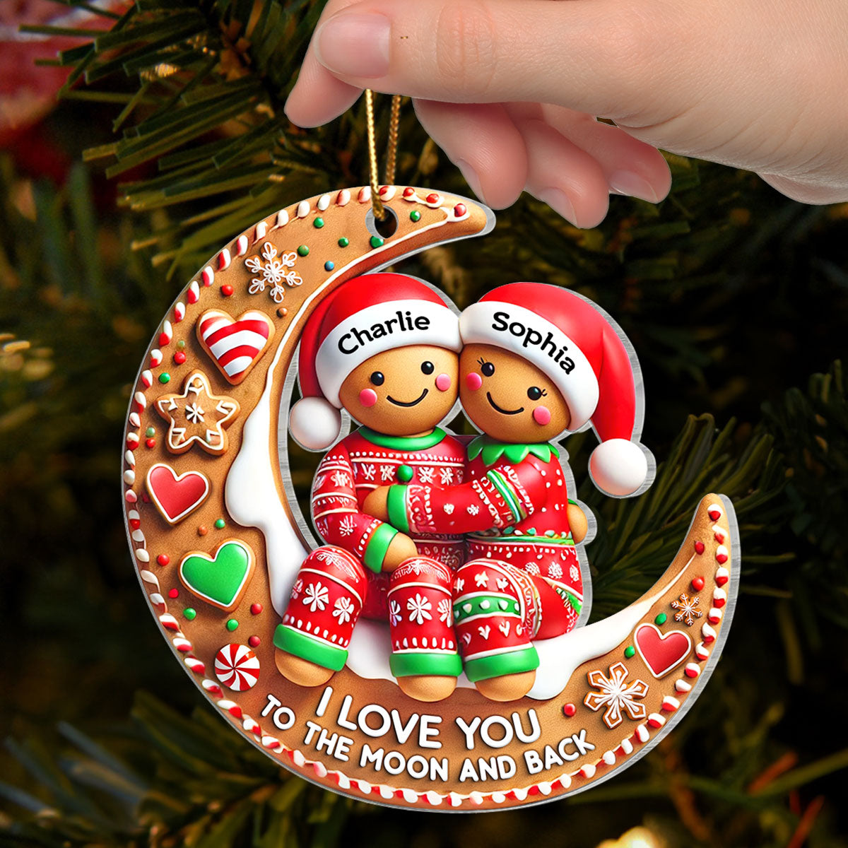 3D Effect Gingerbread Couple I Love You To The Moon And Back Personalized Acrylic Ornament, Christmas Gift For Him, For Her