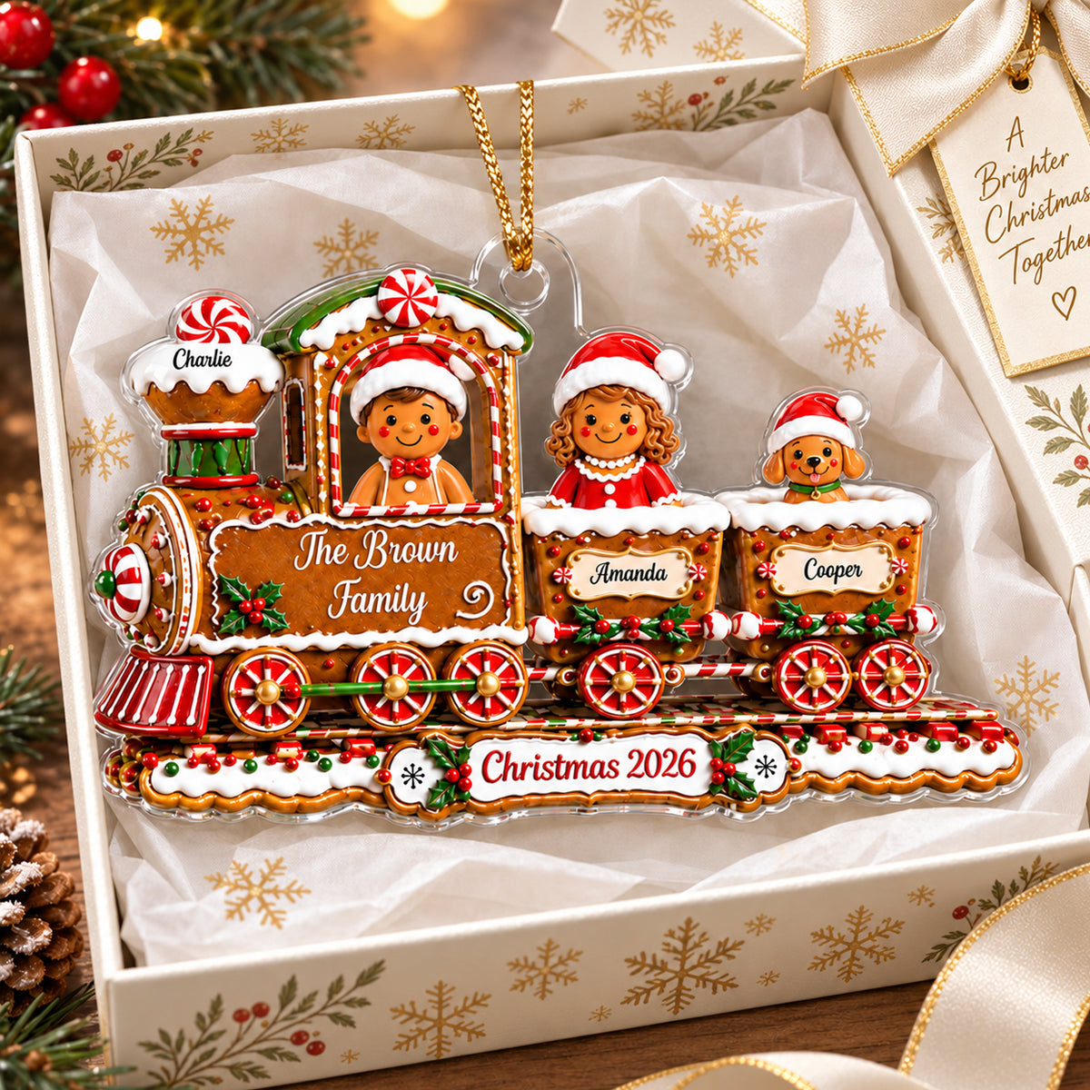 Family Gingerbread Christmas Train - Personalized Acrylic Ornament - Family Holiday Keepsake Gifts