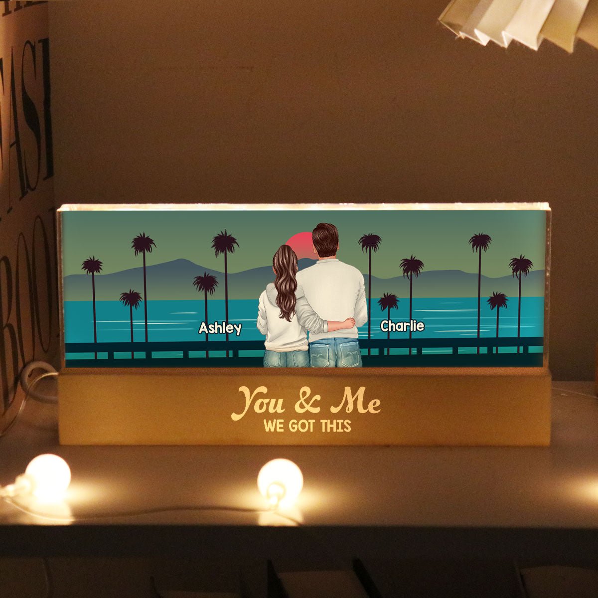 Retro Back View Couple Standing Hugging Personalized Acrylic Block LED Night Light