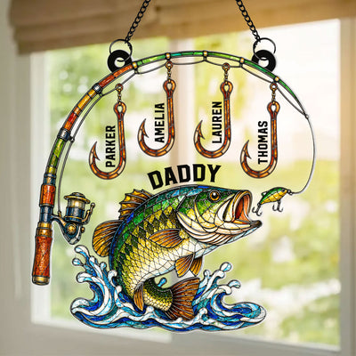 Fishing Daddy With Kids Names - Personalized Suncatcher - Heartfelt Gift For Fishing Dad, Gift For Husband