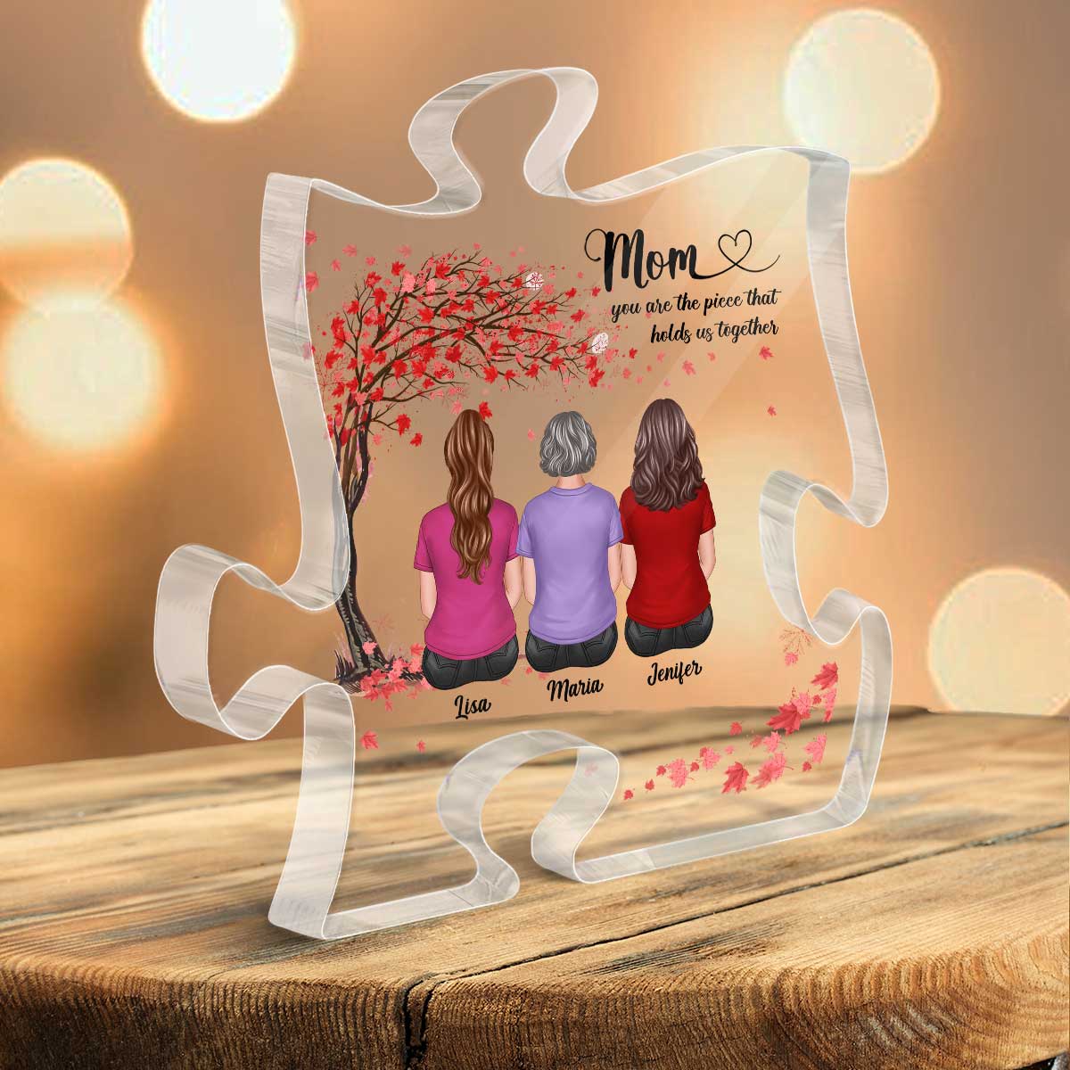 Back View Mother Daughters Pink Tree Personalized Puzzle Acrylic Plaque