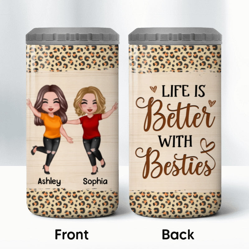 Besties Forever Leopard Wood Texture Personalized Multipurpose Tumbler 4 In 1 Can Cooler