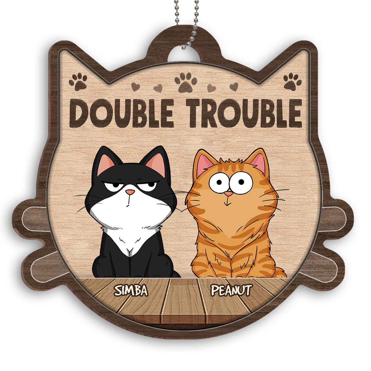 Double Trouble Funny Cat Expression Personalized Cat Head Shaped Wooden Ornament