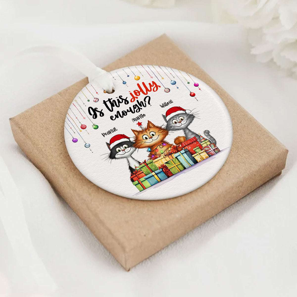 Is This Jolly Enough Quirky Whimsical Christmas Cats Personalized Circle Ceramic Ornament