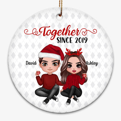 Doll Couple Sitting Rhombus Sweater Pattern Personalized Circle Ornament