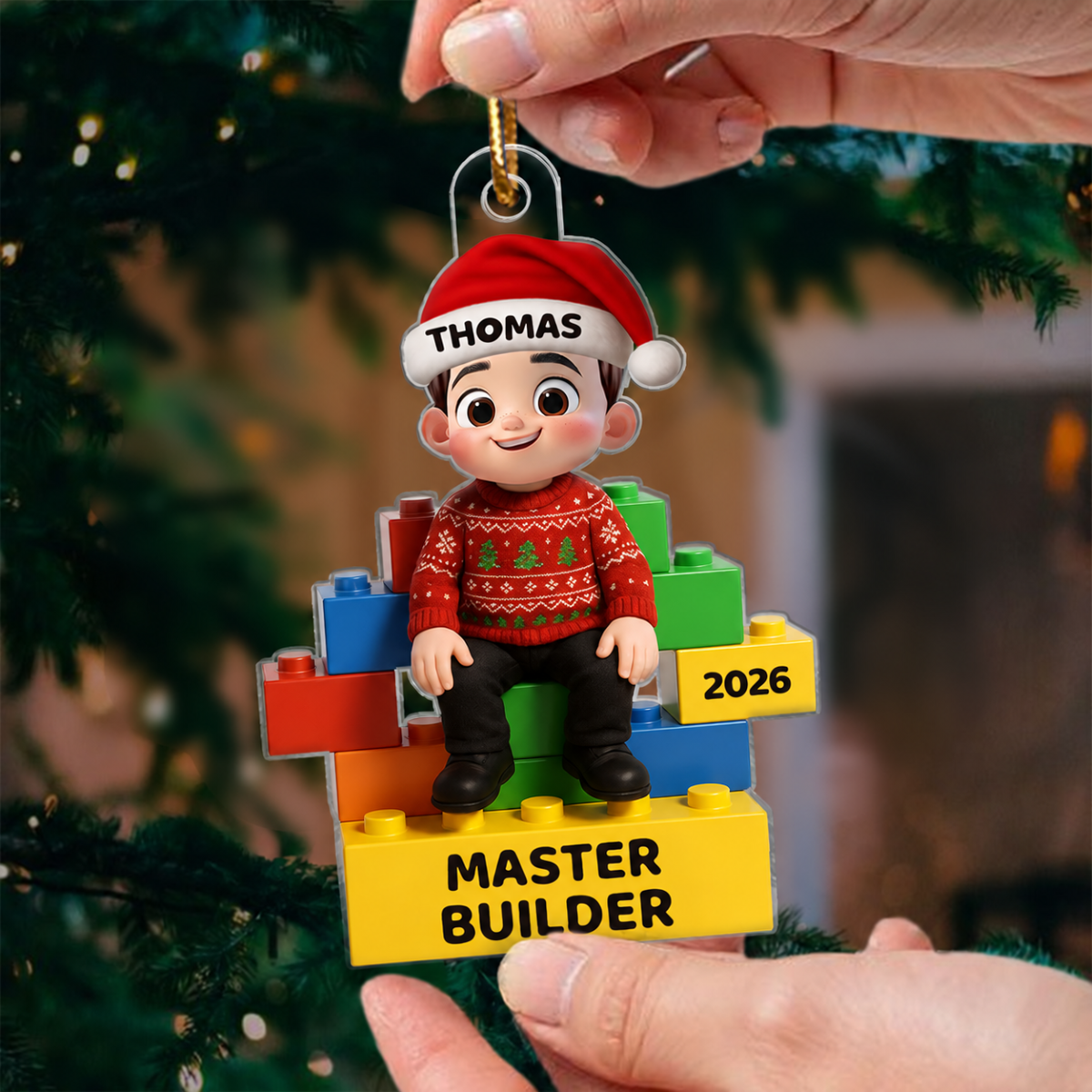 Little Kid Master Builder - Personalized Acrylic Ornament - Christmas Gift For Kids, Son, Grandson, Daughter, Granddaughter