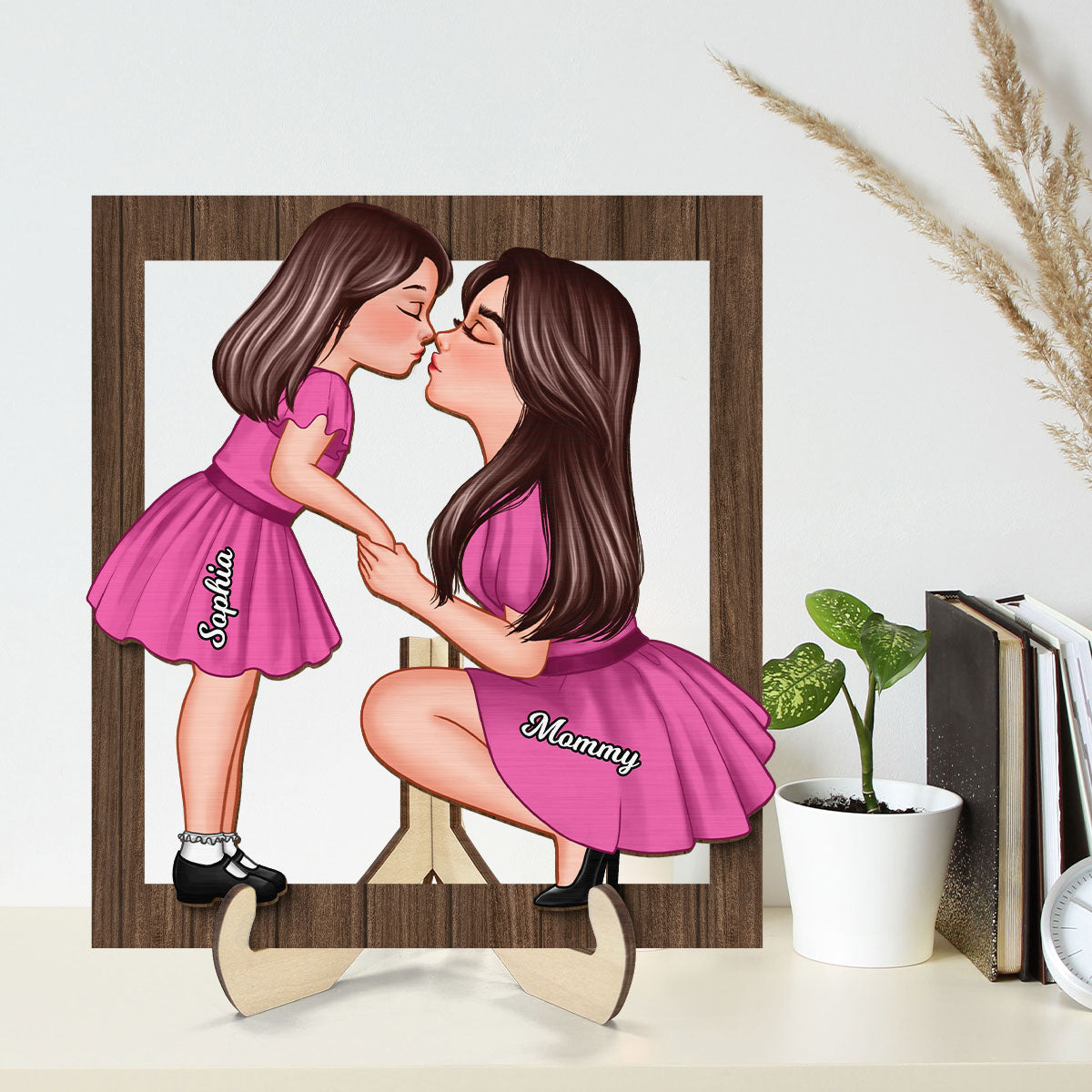 Mom And Kid Holding Hands Kissing Frame Personalized 2-layer Wooden Plaque