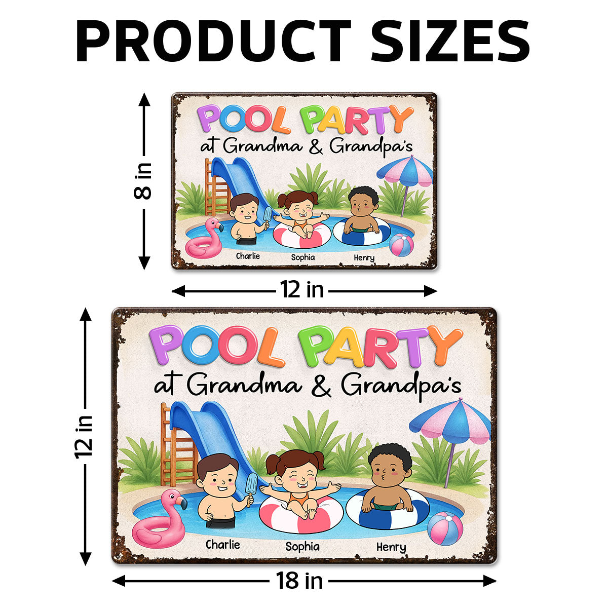 Funny Cartoon Kids Pool Party At Grandma Grandpa Personalized Metal Sign