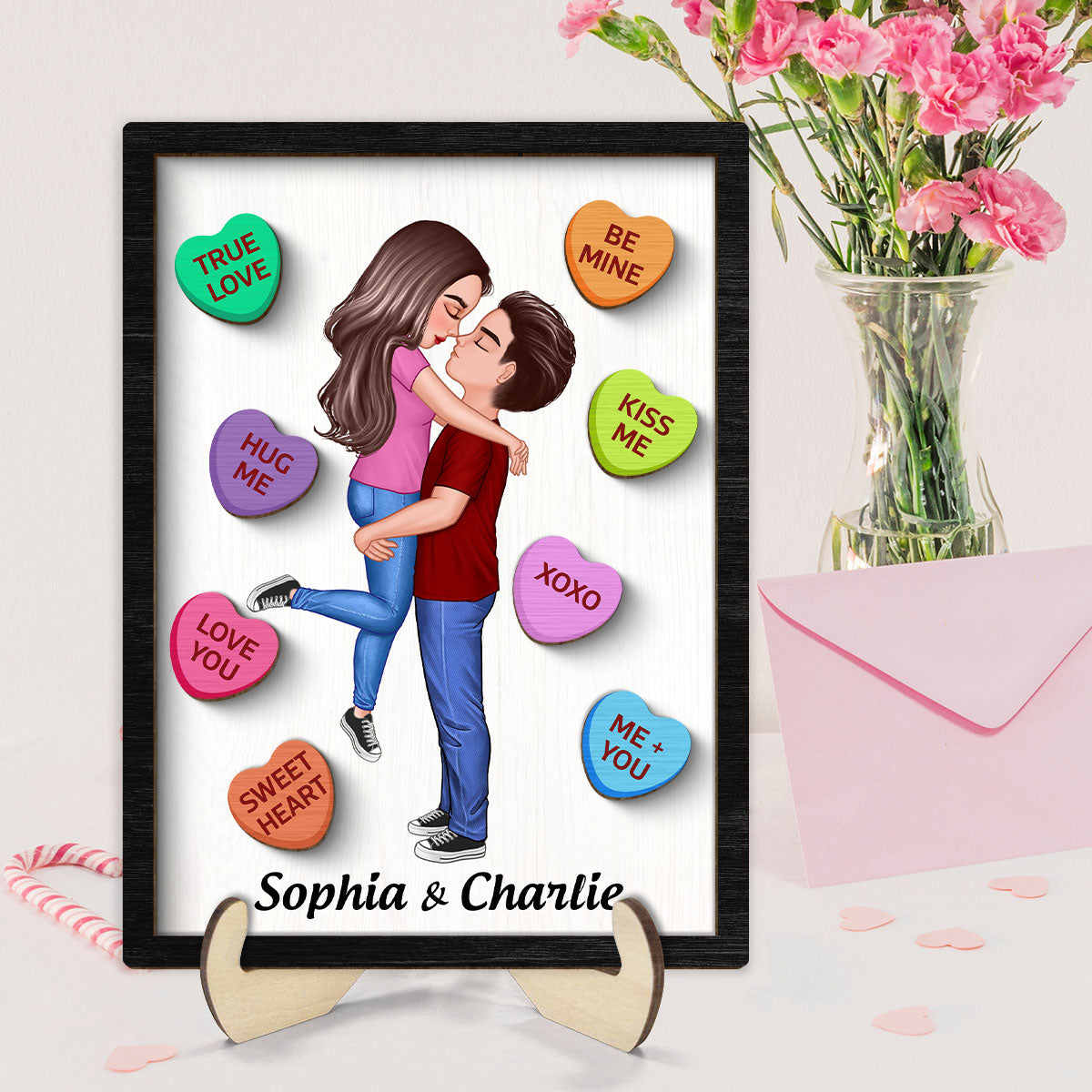 Couple Conversation Hearts Valentine‘s Day Gift Personalized 2-Layer Wooden Plaque