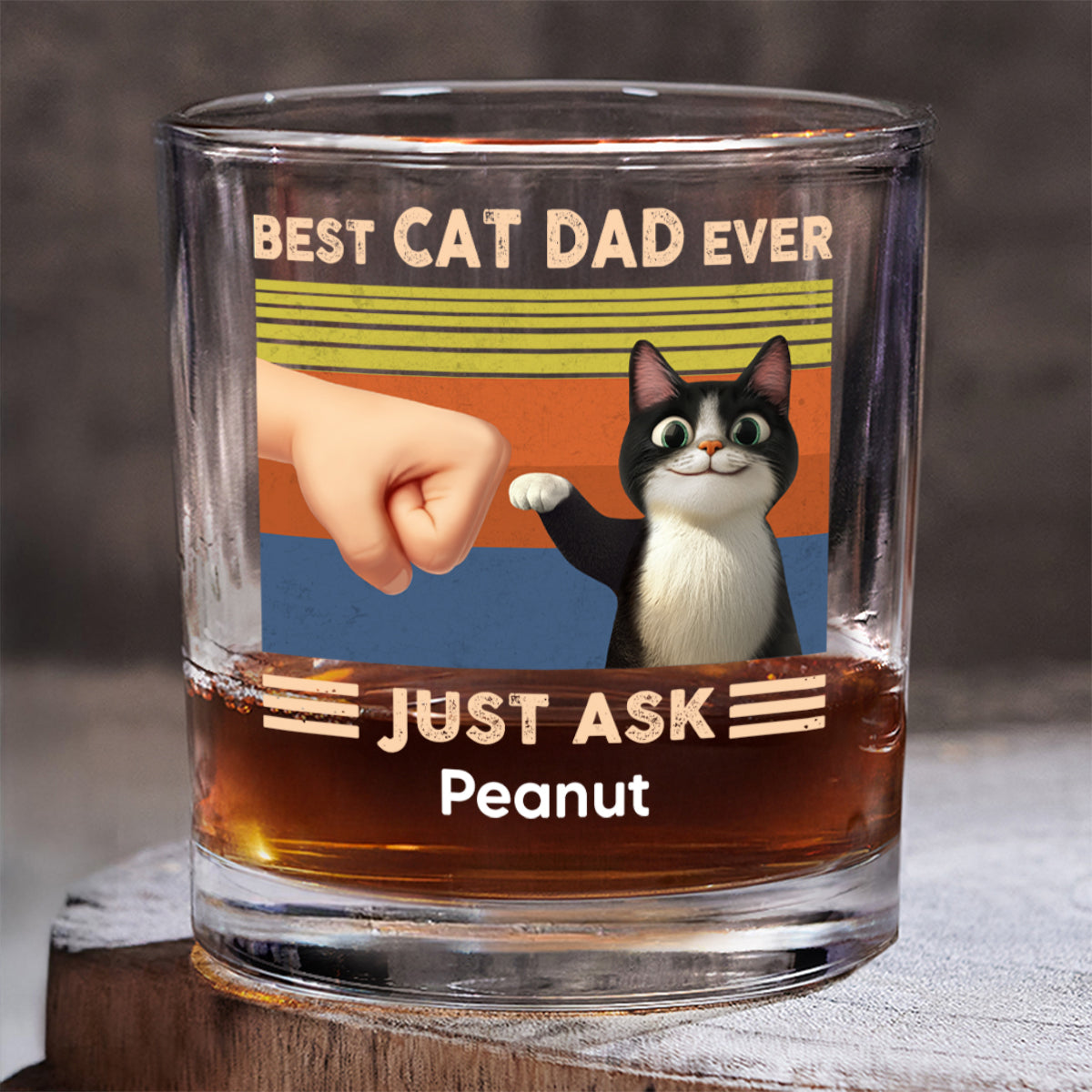 Best Cat Dad Cute Cartoon Cats Personalized Whiskey Glass, Father's Day Gift for Cat Dads