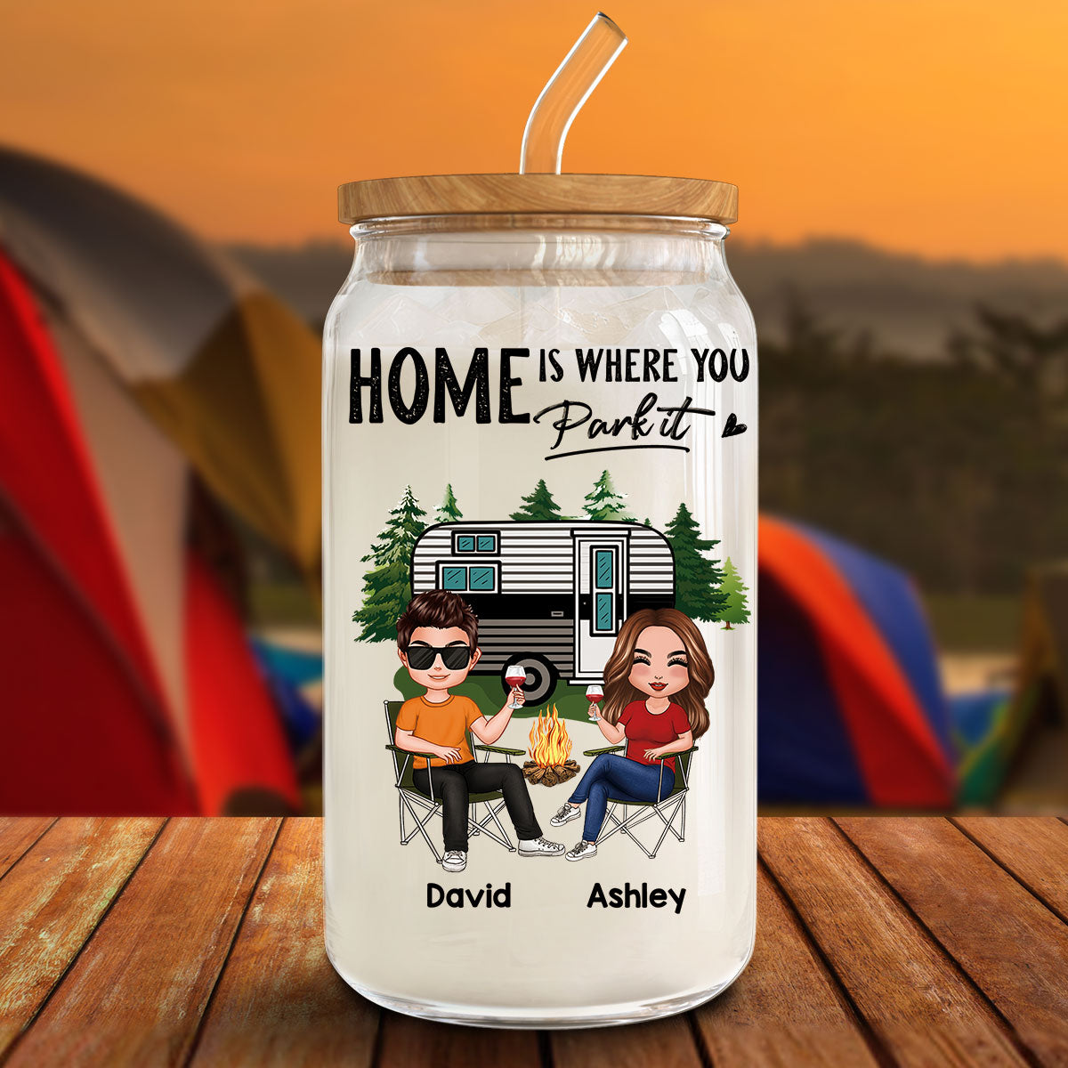 Doll Couple Camping Personalized Clear Glass Can