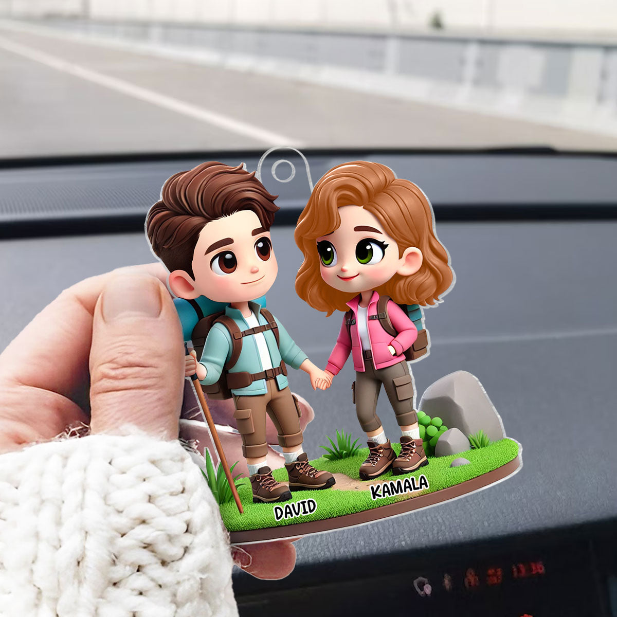 3D Effect Cute Cartoon Hiking Couple Personalized Acrylic Car Hanger, Rear View Mirror, Anniversary, Birthday Gift for him, for her