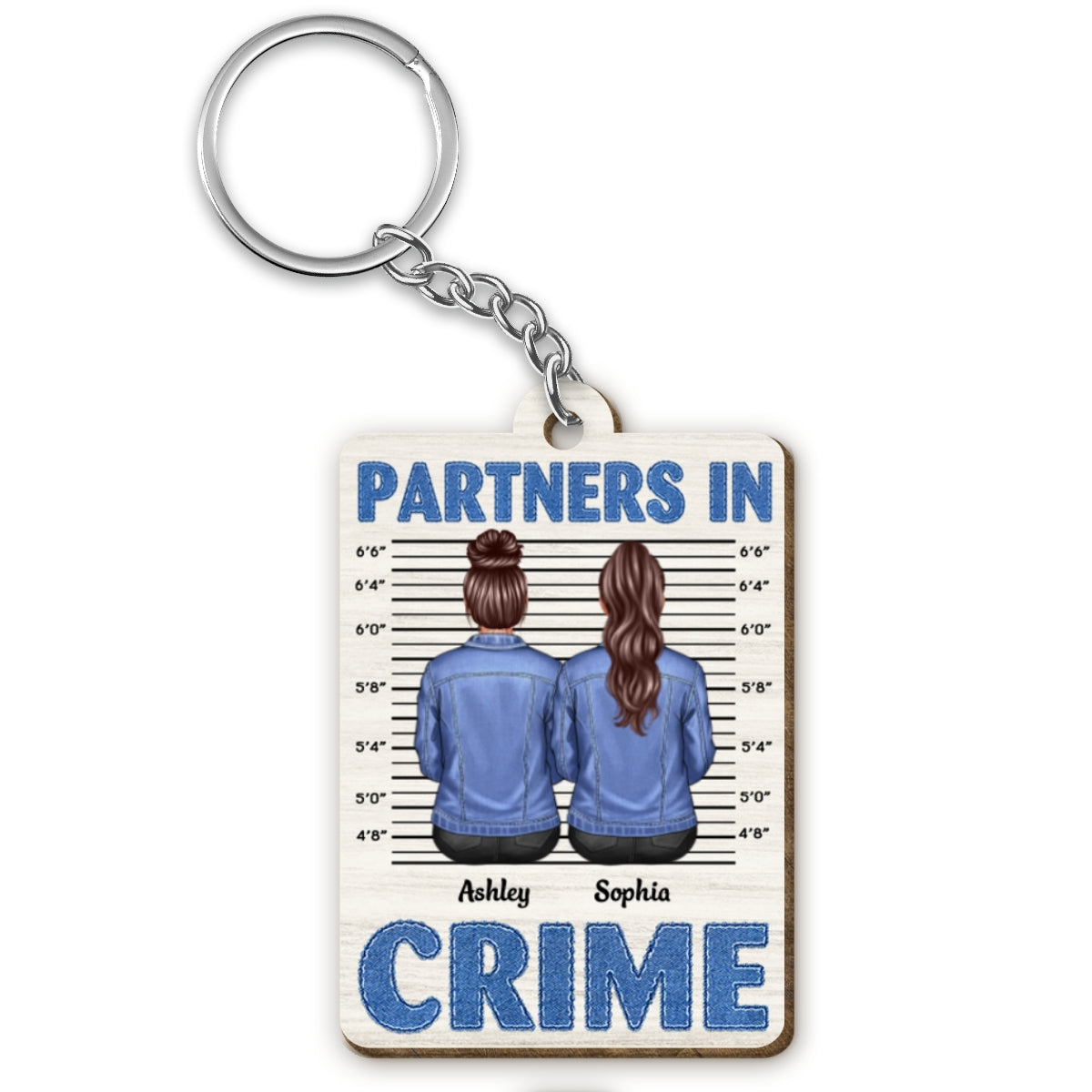 Denim Jacket Besties Sisters Back View Partners In Crime Personalized Wooden Keychain