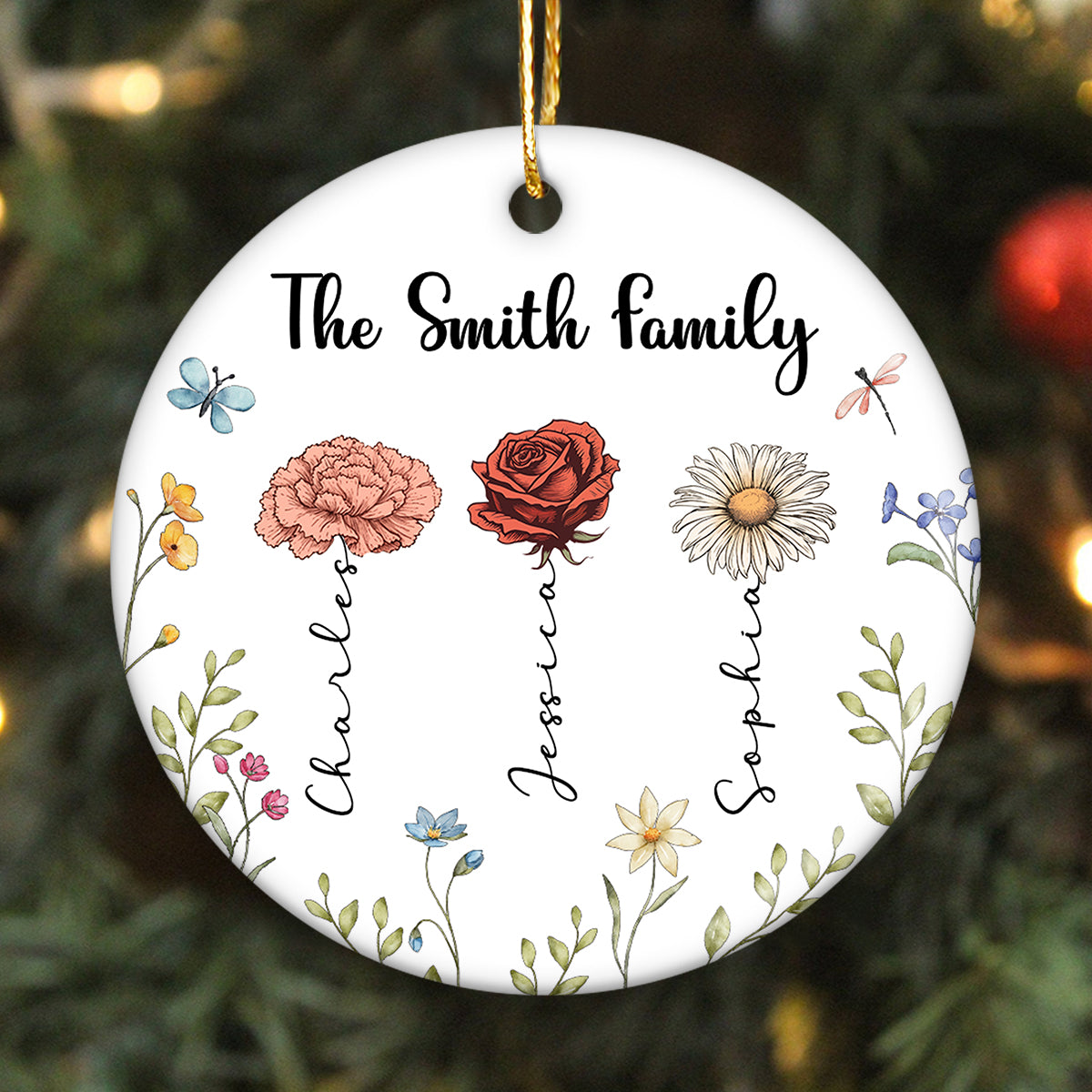 Family Birth Flower Personalized Ceramic Ornament, Christmas Gift For Family, Daughter, Son